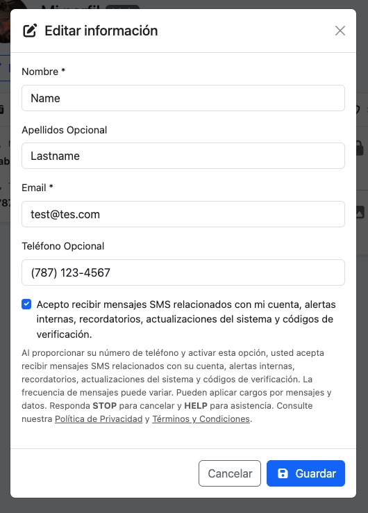 ERP Municipal SMS consent screenshot